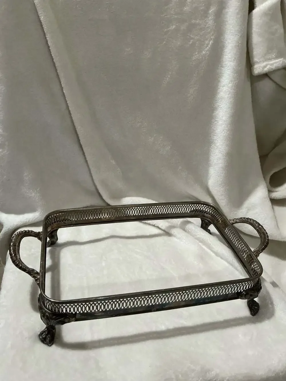Vintage Silver Plated Footed Casserole Dish Holder Tray with Handles
